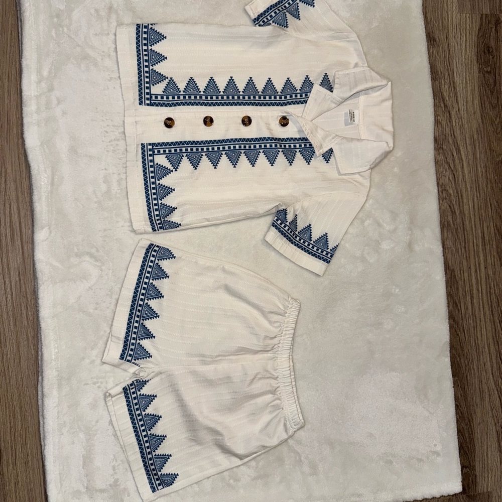 White and Blue Embroidered Two-Piece Set